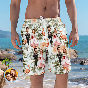 Short De Plage Personnalisé, Maillot De Bain De Mariage Personnalisé Avec Flamants Roses Et Cocotiers - mademinefr