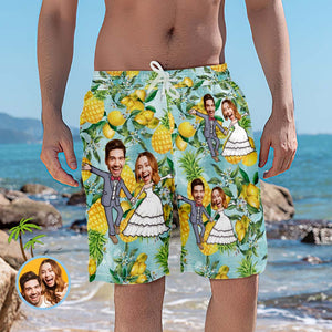 Short De Plage De Mariage Personnalisé, Maillot De Bain Amusant Avec Visage De Couple D'ananas - mademinefr