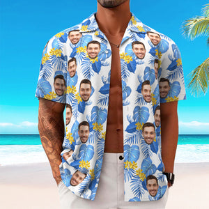 Chemise Hawaïenne Personnalisée Pour Hommes, Chemise Personnalisée À Manches Courtes Avec Photo Du Visage, Chemise Hawaïenne Imprimée, Fleur Bleue - mademinefr