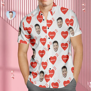 Chemise Hawaïenne Personnalisée Avec Visage Et Nom Pour Hommes, Chemise D'amour Avec Photo Personnalisée, Cadeau De Saint Valentin, Cœur Rouge - mademinefr