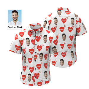 Chemise Hawaïenne Personnalisée Avec Visage Et Nom Pour Hommes, Chemise D'amour Avec Photo Personnalisée, Cadeau De Saint Valentin, Cœur Rouge - mademinefr