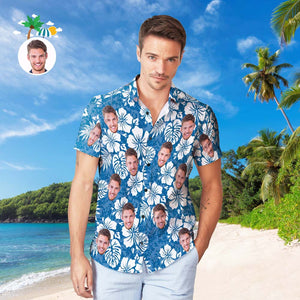 Chemise Hawaïenne D'été Avec Visage Personnalisé, Chemise Bleue Avec Photo Personnalisée Pour Hommes - mademinefr