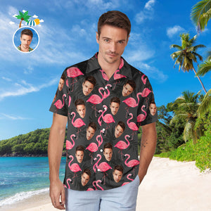 Chemise Hawaïenne Visage Personnalisé Pour Lui, Chemise Photo Personnalisée Pour Hommes, Flamant Rose Et Feuilles De Monstera, Cadeau De Saint Valentin - mademinefr