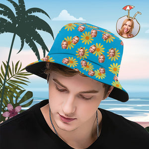 Chapeau De Seau Personnalisé Visage Personnalisé Imprimé Fleur Tropicale Imprimé Chapeau De Pêcheur Hawaïen - Fleurs Jaunes - mademinefr