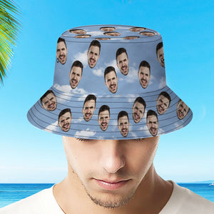 Chapeau Seau Avec Visage Personnalisé Unisexe, Casquette D'été Avec Photo Personnalisée, Bleu Avec Nuages, Chapeaux De Plage De Randonnée, Cadeau Pour Amoureux - mademinefr