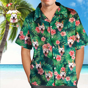 Chemise Hawaïenne Personnalisée Avec Visage De Chien Chemise Hawaïenne Pour Hommes Fleurs Rouges Chemise Décontractée - mademinefr