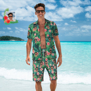 Chemise Hawaïenne Et Short De Plage Personnalisés Avec Feuilles Et Fleurs, Avec Photo Personnalisée Pour Hommes, Cadeau De Fête De Vacances Imprimé - mademinefr