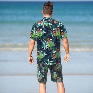 Chemise Hawaïenne Et Short De Plage Personnalisés Pour Hommes, Avec Photo De Feuilles Tropicales, Cadeau De Fête De Vacances - mademinefr