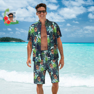 Chemise Hawaïenne Et Short De Plage Personnalisés Pour Hommes, Avec Photo De Feuilles Tropicales, Cadeau De Fête De Vacances - mademinefr