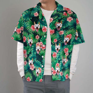 Chemises Tropicales Personnalisées, Chemise Hawaïenne Personnalisée Avec Visage De Chien, Feuilles Et Fleurs, Cadeaux Pour Hommes - mademinefr