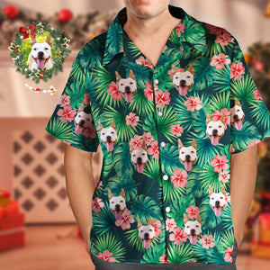 Chemises Tropicales Personnalisées, Chemise Hawaïenne Personnalisée Avec Visage De Chien, Feuilles Et Fleurs, Cadeaux Pour Hommes - mademinefr