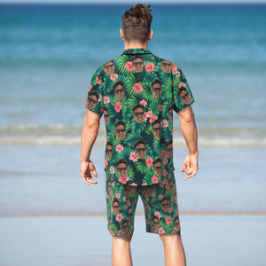 Chemise Hawaïenne Et Short De Plage Personnalisés Avec Feuilles Et Fleurs, Avec Photo Personnalisée Pour Hommes, Cadeau De Fête De Vacances Imprimé - mademinefr