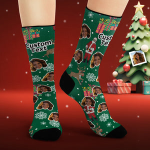 Chaussettes Visage Personnalisées Photo Personnalisée Chaussettes Vertes Père Noël Et Cadeaux Joyeux Noël - mademinefr