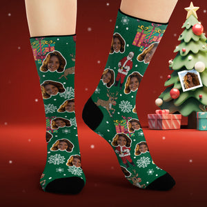 Chaussettes Visage Personnalisées Photo Personnalisée Chaussettes Vertes Père Noël Et Cadeaux Joyeux Noël - mademinefr