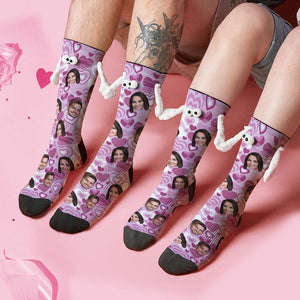 Chaussettes Personnalisées Avec Visage, Poupée Drôle, Chaussettes À Mi-tube, Chaussettes Magnétiques À Tenir Les Mains, Cœur Violet, Cadeaux De Saint-valentin - mademinefr