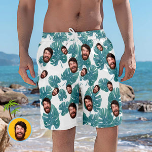 Short Photo Personnalisé Pour Homme Avec Visage Personnalisé - Feuilles Vertes - mademinefr