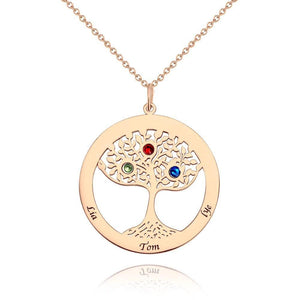 Collier Arbre Généalogique Avec Pierre De Naissance, Collier Gravé Cadeau Famille Plaqué Or Rose - Argent - mademinefr