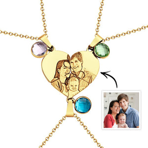 Collier Puzzle À Trois Cœurs Avec Photo Personnalisée, Pendentif Avec Pierre De Naissance, Bijoux Cadeaux Pour La Famille - mademinefr