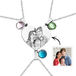 Collier Puzzle À Trois Cœurs Avec Photo Personnalisée, Pendentif Avec Pierre De Naissance, Bijoux Cadeaux Pour La Famille - mademinefr