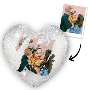 Coussin MultiCouleure Personnalisé En Forme de Coeur Photo de Couple Paillettes Magiques