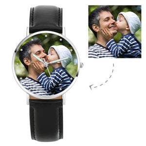 Engraved Photo Watch with Luminous Pointer Black Leather Strap 40mm - Unisex