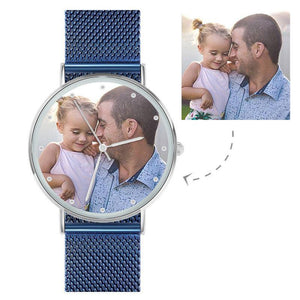 Custom Your Own  Women Photo Engraved Watch with Blue Strap 